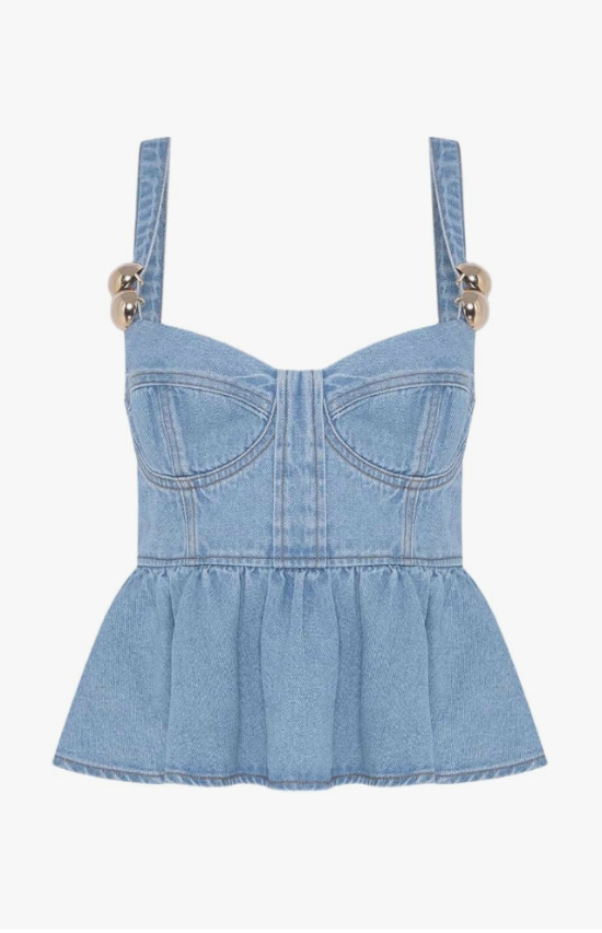 Blue denim dress with suspenders on a white background